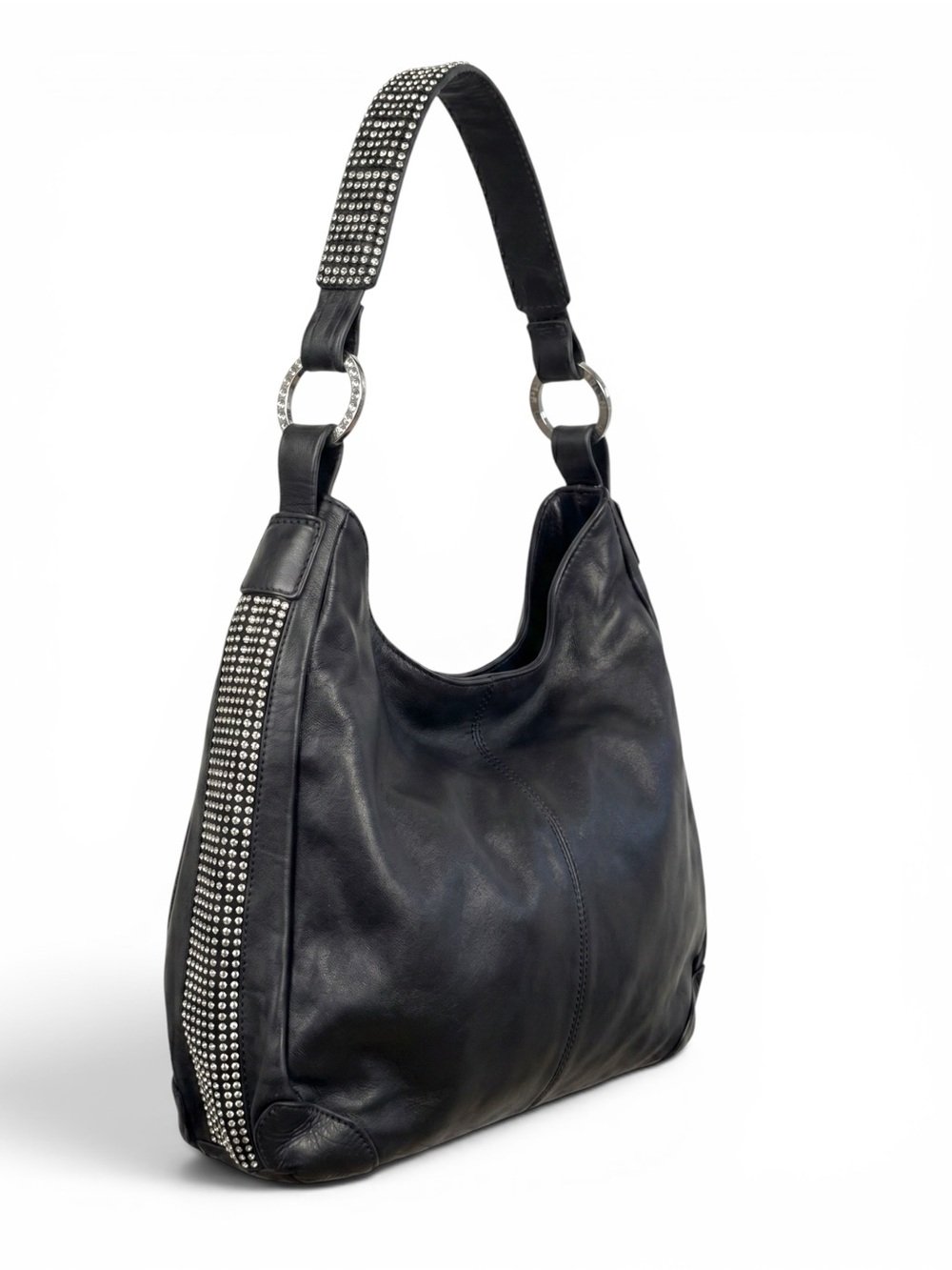 DXtouch Black Leather Hobo Bag Rhinestone Embellished Slouchy Shoulder Purse